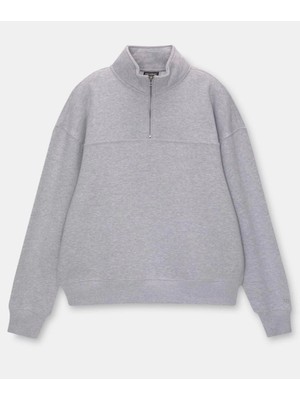 Beruflic Oversize Yarım Farmuarlı Yakalı Basic Sweatshirt - Gri