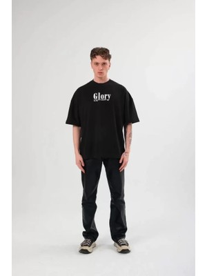 Beruflic Unisex Bisiklet Yaka Baskılı Oversize T-Shirt - Siyah
