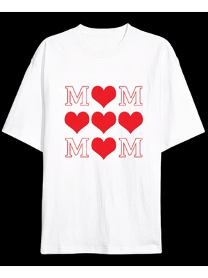 Beruflic Anneler Gününe Özel Tasarım Mom Kalp Baskılı T-Shirt - Beyaz