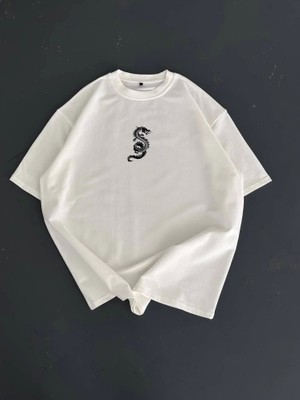Beruflic Baskılı Oversize Bisiklet Yaka T-Shirt - Beyaz