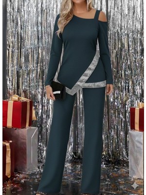 Beruflic Kadın Tek Omuzdan Açık Uzun Kollu Önü Pulpayet Ithal Krep Bluz ve Pantolon