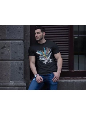 Beruflic Unisex Bisiklet Yaka Baskılı Oversize T-Shirt - Siyah