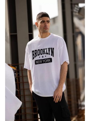 Beruflic Unisex Bisiklet Yaka Baskılı Oversize T-Shirt - Beyaz