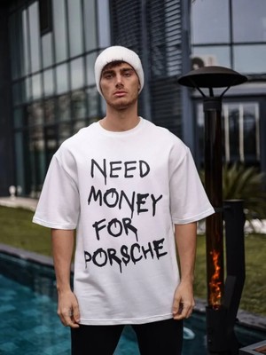 Beruflic Unisex Bisiklet Yaka Baskılı Oversize T-Shirt - Beyaz