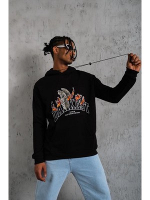 Beruflic Erkek Oversize Kapüşonlu Sweatshirt – Siyah Renk Üç Iplik Içi Pamuklu Kanguru Cepli Baskıl