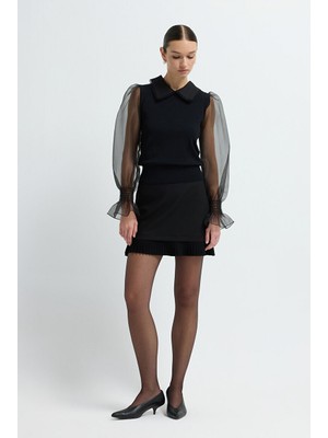 adL Bebe Yaka Transparan Detaylı Triko Bluz Siyah 11544612000