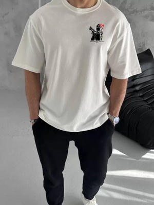 Beruflic Unisex Bisiklet Yaka Baskılı Oversize T-Shirt - Beyaz