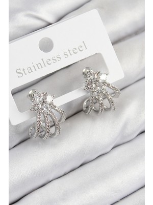 Pazarcan Pirinç Zirkon Taşlı Model Gümüş Renk Kadın Küpe