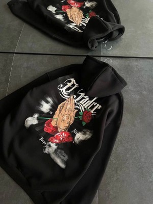 Beruflic Üç Iplik Penye Uzun Kol Kapşonlu Baskılı Sweatshirt - Siyah