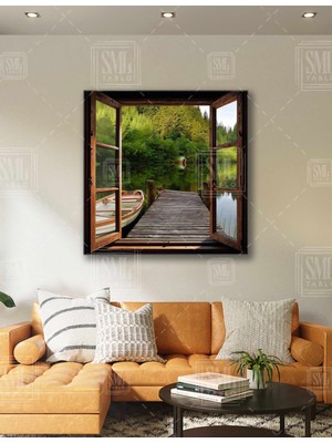 SML Tablo Odadan Dağ ve Göl Manzarasına Açılan Ahşap Pencere Yeşil Orman Huzur Kare Kanvas Tablo