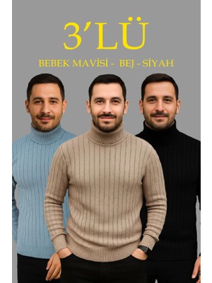 Beruflic Erkek Fitilli Triko Kazak 3lü Set Bebek Mavisi Bej Siyah Regular Balıkcı Yaka Tam Boğazlı Triko
