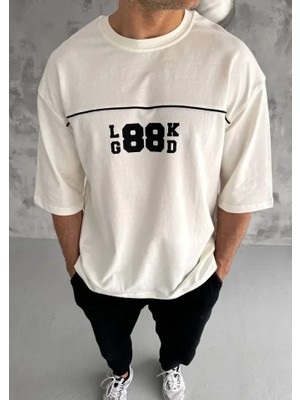 Beruflic Unisex Bisiklet Yaka Baskılı Oversize T-Shirt - Beyaz