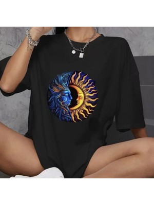 Beruflic Unisex Bisiklet Yaka Baskılı Oversize T-Shirt - Siyah