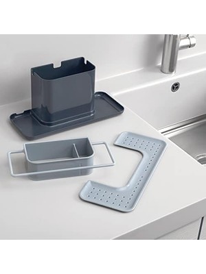 Mutfak Lavabo Düzenleyici Entegre Giderli, Sünger Tutucu, Temizlik Maddesi, Bulaşık Bezi Tutucu ve Bulaşık Fırçası Düzenleyici, Çıkarılabilir, Mutfak Aksesuarı, Büyük, Gri