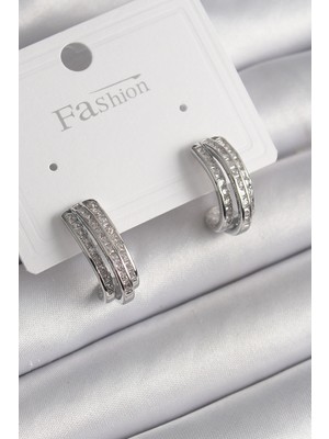 Pazarcan Pirinç Gümüş Renk Zirkon Taşlı Yarım Halka Model Kadın Küpe