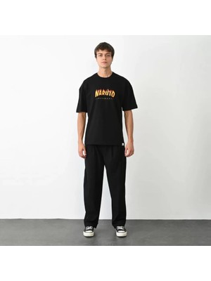 Beruflic Unisex Bisiklet Yaka Baskılı Oversize T-Shirt - Siyah