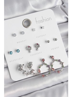 Pazarcan Pirinç Gümüş Renk Zirkon Taşlı Gül Figür Halka Model 7 Çift Kadın Küpe Seti