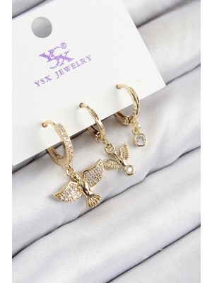 Pazarcan Pirinç Zirkon Taşlı 3'lü Kuş Model Gold Renk Kadın Küpe