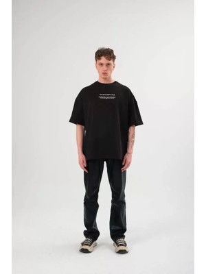Beruflic Unisex Bisiklet Yaka Baskılı Oversize T-Shirt - Siyah