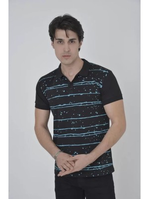 Beruflic Erkek Yakalı Slim Fit Pike Çizgili T-Shirt - Siyah