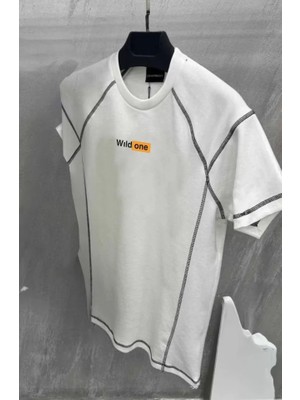 Beruflic Unisex Dikişli Baskılı Oversize T-Shirt - Beyaz