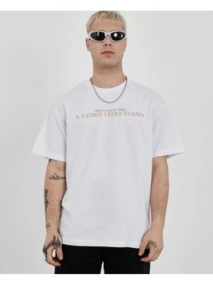 Beruflic Unisex Bisiklet Yaka Baskılı Oversize T-Shirt - Beyaz
