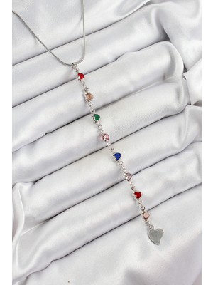 Pazarcan Pirinç Gümüş Renk Karışık Renk Zirkon Taşlı Kalpli Y Kadın Kolye