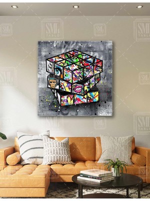 SML Tablo Grafitti Rubik Küp Banksy Stili Modern Sokak Tarzı Dekor Kare Kanvas Tablo