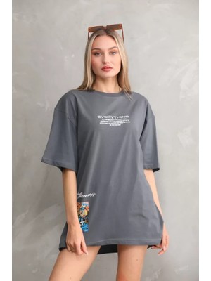 Beruflic Unisex Bisiklet Yaka Baskılı Oversize T-Shirt - Gri