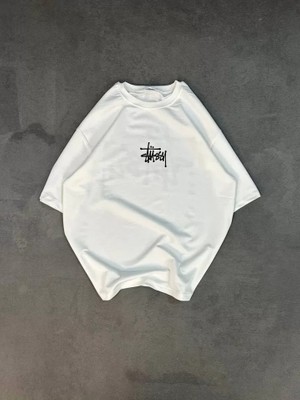 Beruflic Unisex Bisiklet Yaka Baskılı Oversize T-Shirt - Beyaz