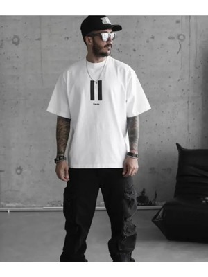 Beruflic Unisex Bisiklet Yaka Baskılı Oversize T-Shirt - Beyaz