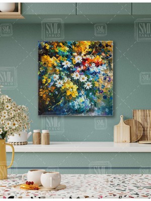 SML Tablo Renkli Çiçekler ve Papatya Buketi Mavi Vazo Dekor Kare Kanvas Tablo