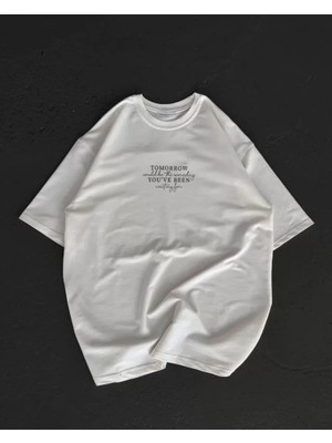 Beruflic Unisex Bisiklet Yaka Baskılı Oversize T-Shirt - Beyaz
