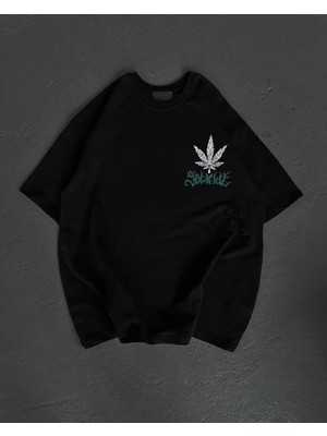 Beruflic Unisex Bisiklet Yaka Baskılı Oversize T-Shirt - Siyah