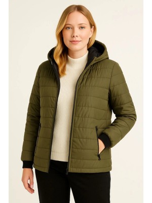 Beruflic Şişme Kapüşonlu Fermuarlı Mont Su Itici Kapitone Astarlı Kumaş Cepli Kışlık Rahat Kalıp -