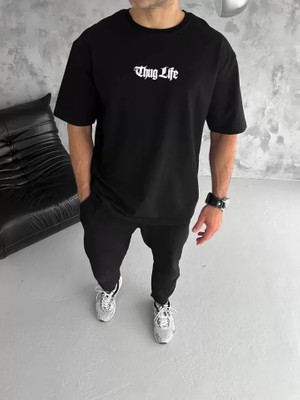 Beruflic Unisex Bisiklet Yaka Baskılı Oversize T-Shirt - Siyah