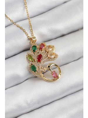 Pazarcan 316L Çelik Zirkon Taşlı Tavus Kuşu Model Gold Renk Kadın Kolye