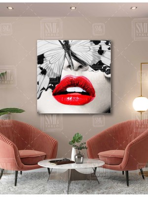SML Tablo Kırmızı Rujlu Seksi Dudak ve Siyah Beyaz Kelebek Kare Kanvas Tablo