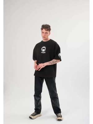 Beruflic Unisex Bisiklet Yaka Baskılı Oversize T-Shirt - Siyah