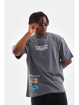 Beruflic Unisex Bisiklet Yaka Baskılı Oversize T-Shirt - Gri