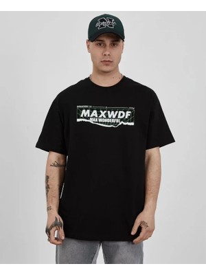 Beruflic Unisex Bisiklet Yaka Baskılı Oversize T-Shirt - Siyah