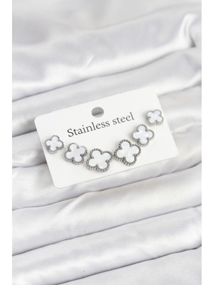 Pazarcan 316L Çelik Gümüş Beyaz Renk 3 Boy Yonca Küpe Seti