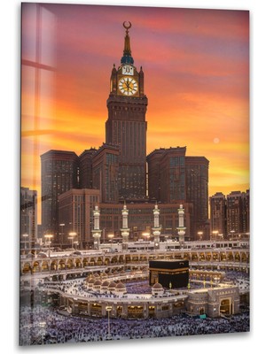 Myphotostation Kabe ve Mekke Saat Kulesi Dekoratif Temperli Cam Tablo, Modern Uv Baskılı Duvar Tablosu, Salon ve Ofis Için Şık Duvar Dekoru