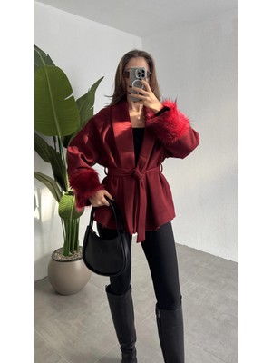 Asfa Moda Kadın Bordo Kemerli Kolları Kürk Detaylı Kaşe Kaban Kışlık