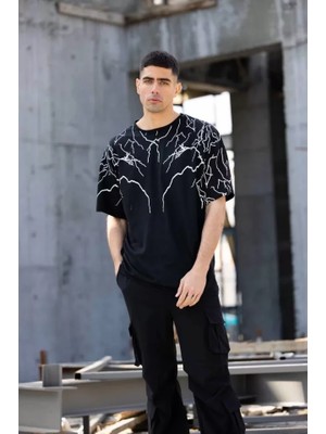 Beruflic Unisex Bisiklet Yaka Baskılı Oversize T-Shirt - Siyah