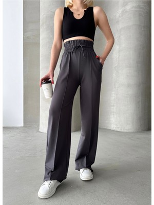 Schlank Kadın Antrasit Yüksek Bel Geniş Kemer Çımalı Bol Paça Eşofman Altı