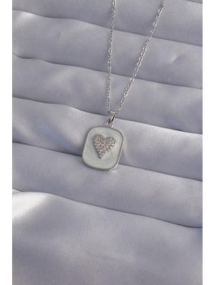 Pazarcan 316L Çelik Zincir Mermer Desenli Gümüş Renk Zirkon Taşlı Kalp Model Kolye