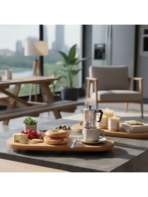 Ayaklı Bambu Sunum Tabakları, Ayaklı Bambu Sunumluk, Kek, Börek, Çörek ve Çikolata Sunum Tepsisi Yuvarlak Kenarlı Oval Sunumluk (34XM*15CM*1,5CM)