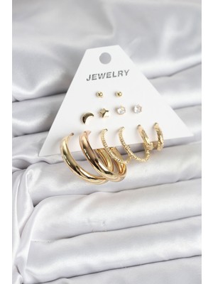 Pazarcan Gold Renk 6 Çiftli Pirinç Kadın Küpe Seti