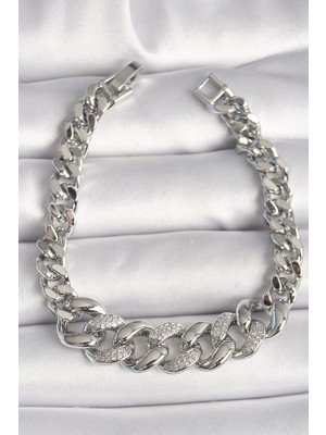 Pazarcan Pirinç Gümüş Renk Zirkon Taşlı Kalın Halka Model Kadın Bileklik